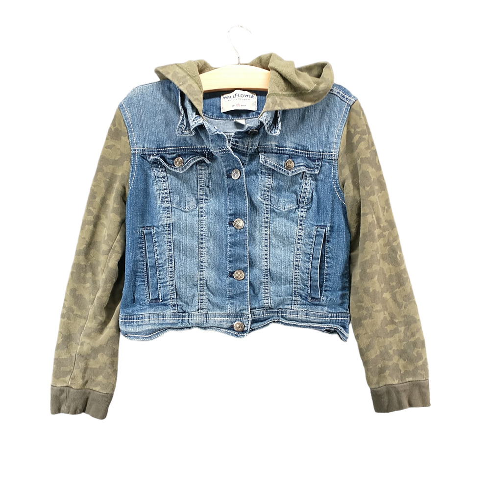 WallFlower Girls Hooded Denim Jean Jacket Blue Green Camo Large Layered Look